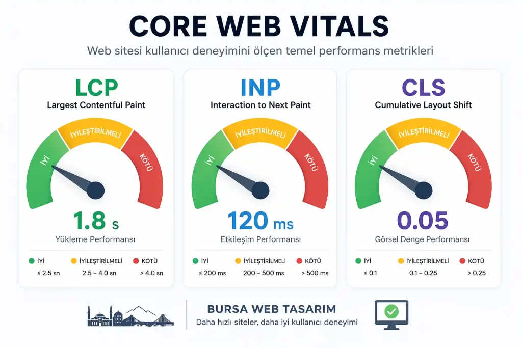 Bursa İş Dünyasında Fark Yaratacak 7 Bursa Web Tasarım Özelliği 3 Core Web Vitals metriklerini gösteren üç ölçer (gauge) görseli